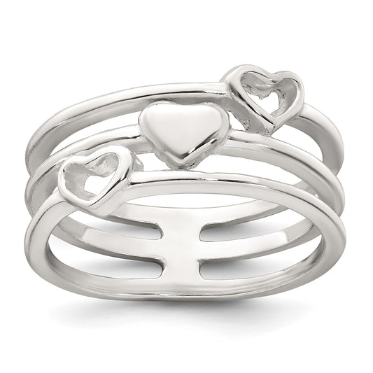 Sterling Silver Polished Hearts Three Band Size 7 Ring