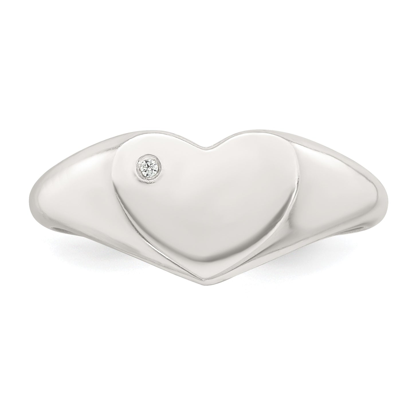 Sterling Silver Polished White CZ Heart Size 7 Signet Ring