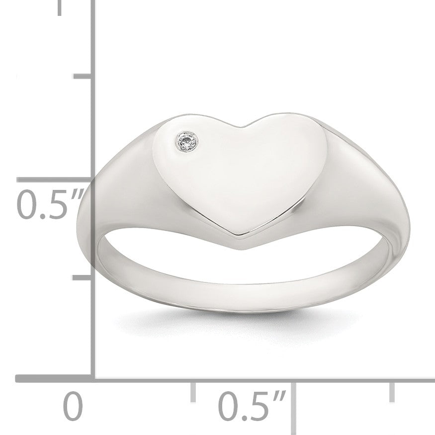 Sterling Silver Polished White CZ Heart Size 8 Signet Ring