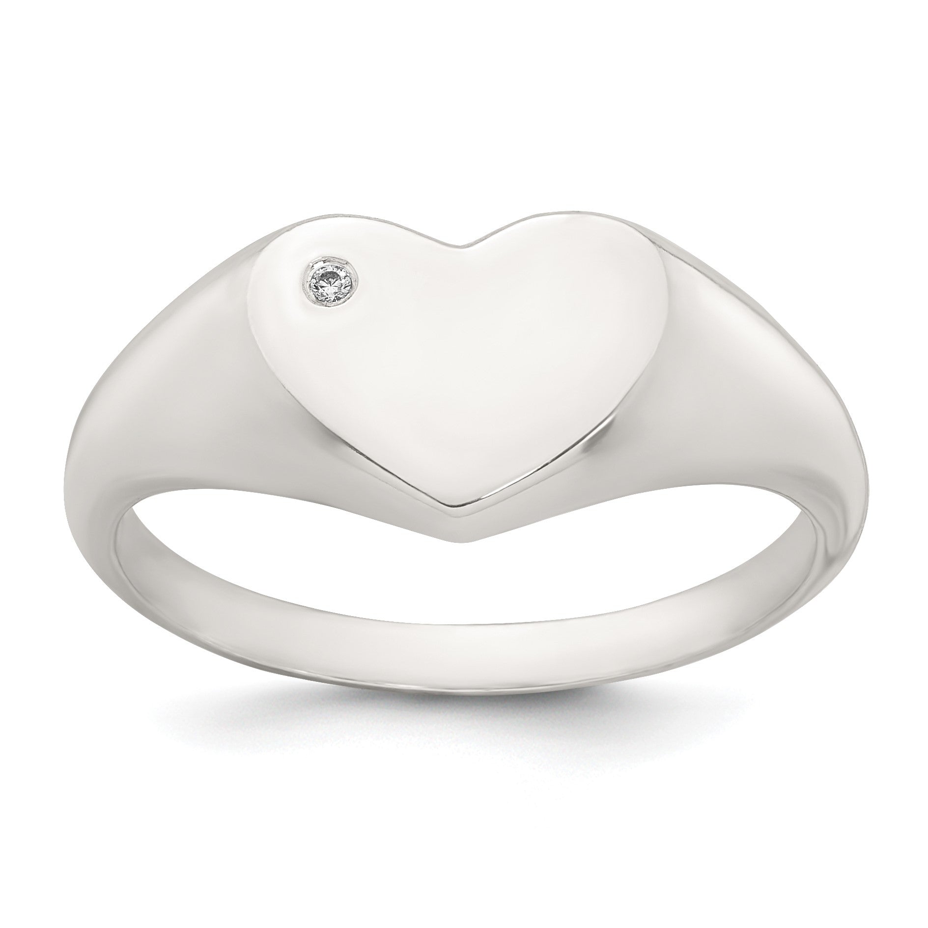 Sterling Silver Polished White CZ Heart Size 7 Signet Ring