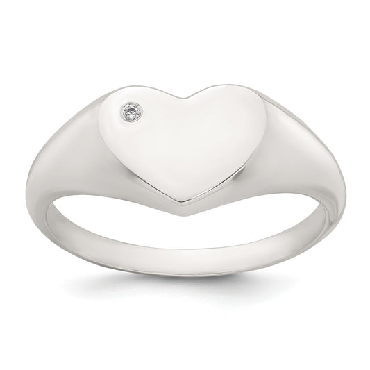 Sterling Silver Polished White CZ Heart Size 7 Signet Ring