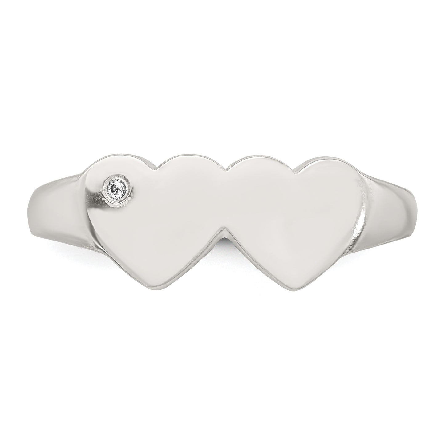 Sterling Silver Polished White CZ Double Heart Size 8 Signet Ring