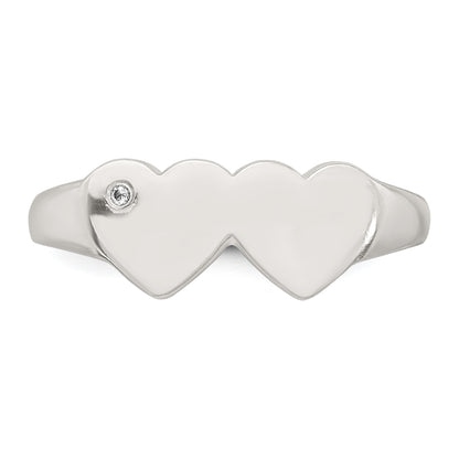 Sterling Silver Polished White CZ Double Heart Size 8 Signet Ring