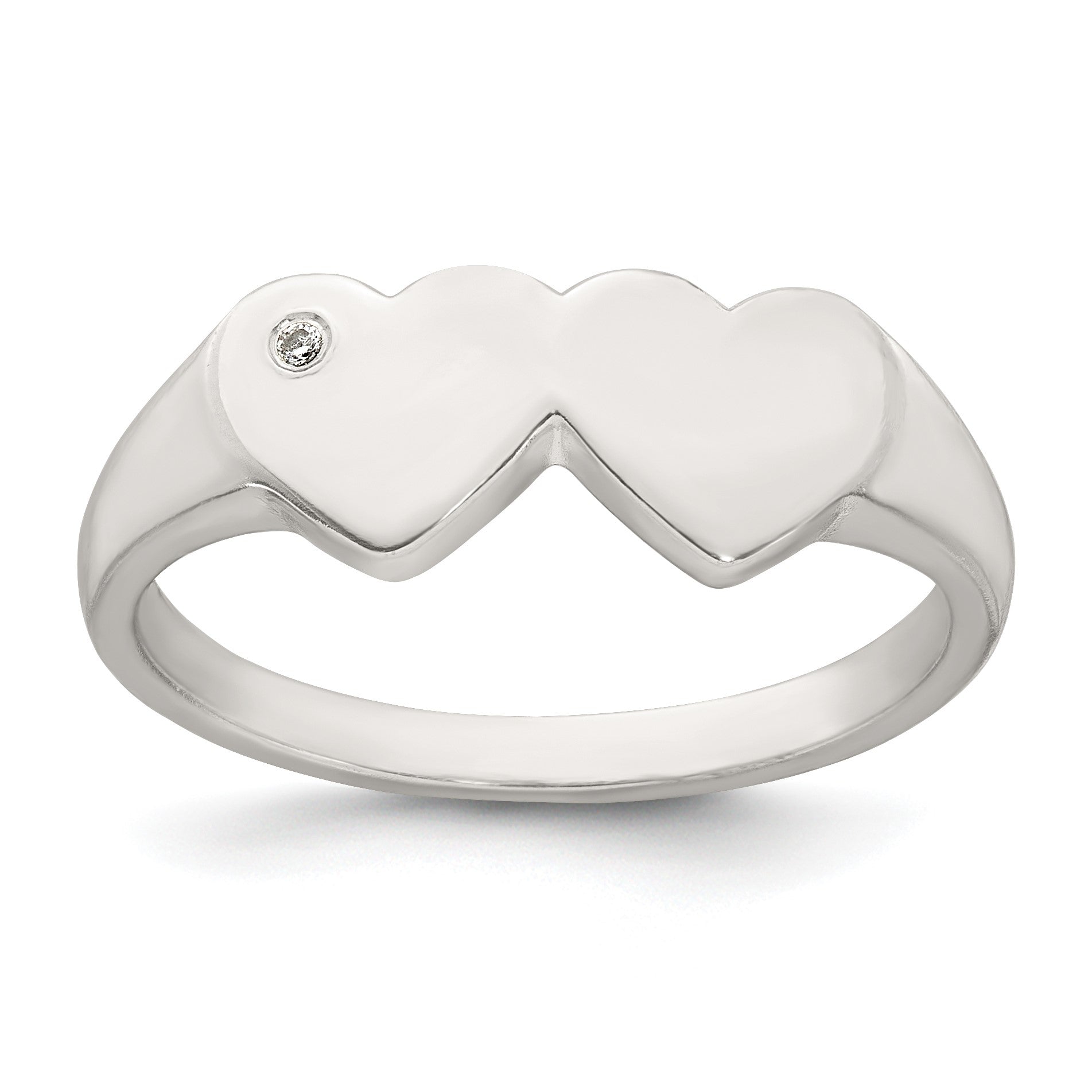 Sterling Silver Polished White CZ Double Heart Size 6 Signet Ring