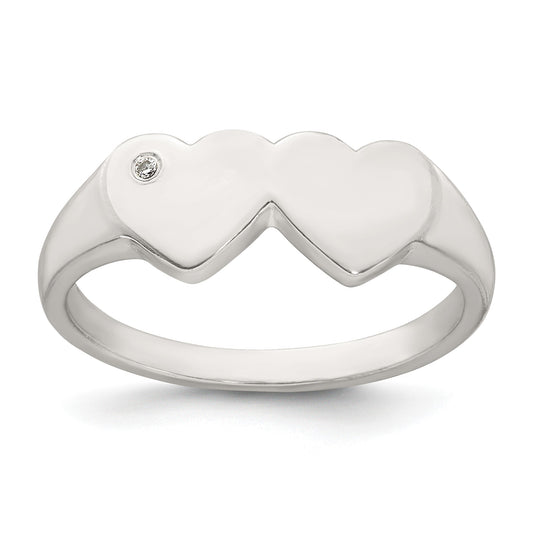 Sterling Silver Polished White CZ Double Heart Size 6 Signet Ring