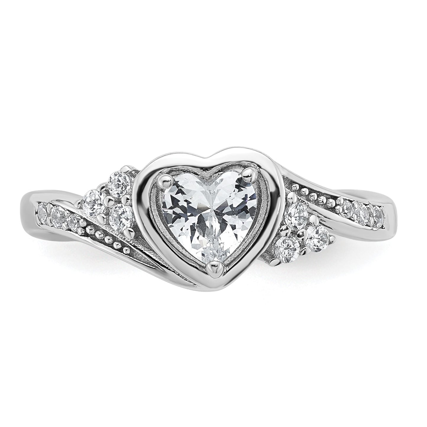 Sterling Silver Rhodium-plated Polished Fancy CZ Center Heart Size 7 Ring