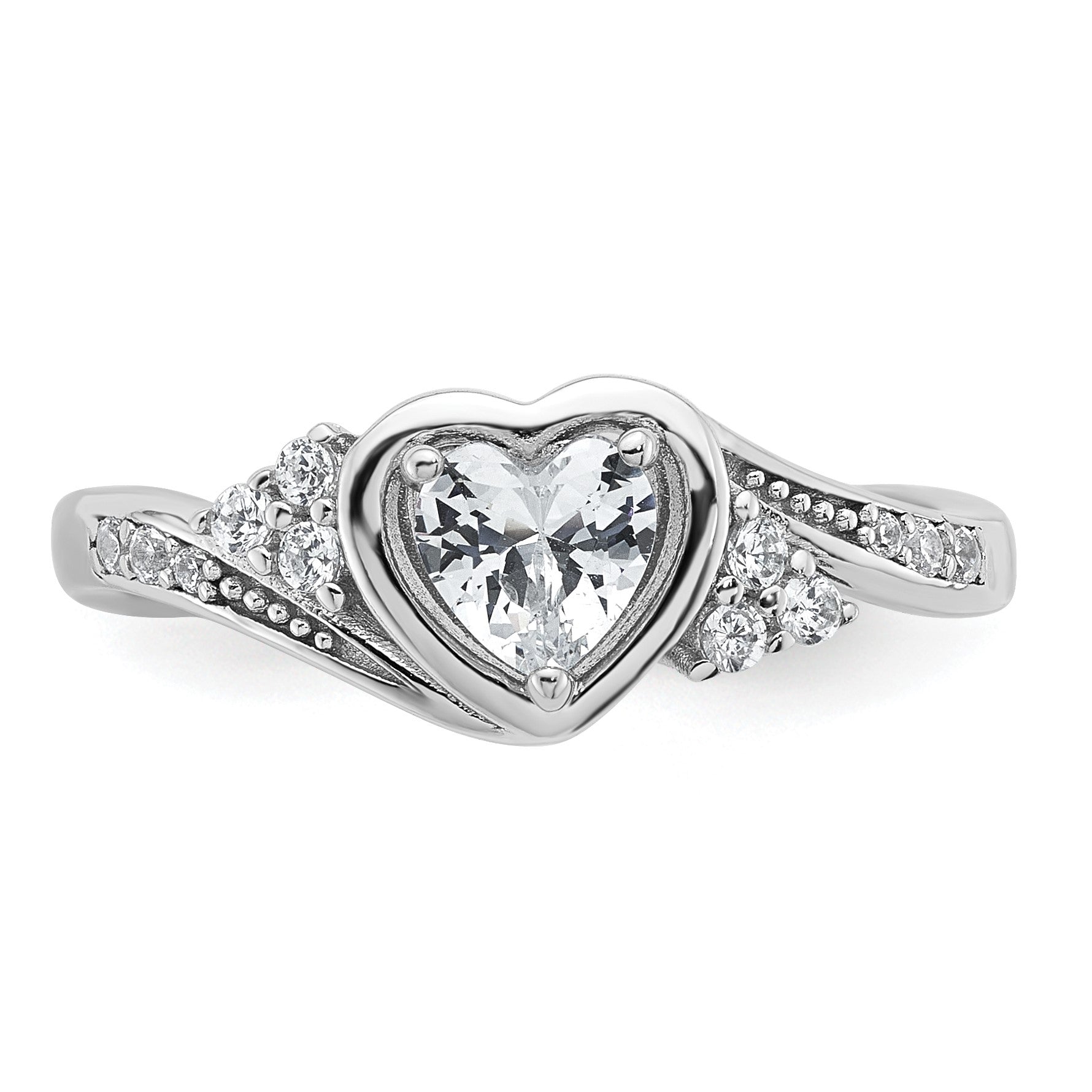 Sterling Silver Rhodium-plated Polished Fancy CZ Center Heart Size 7 Ring