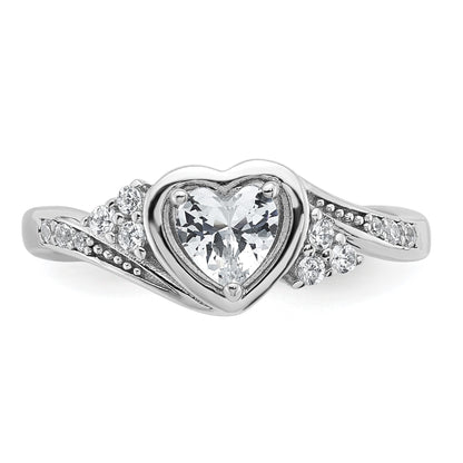 Sterling Silver Rhodium-plated Polished Fancy CZ Center Heart Size 7 Ring