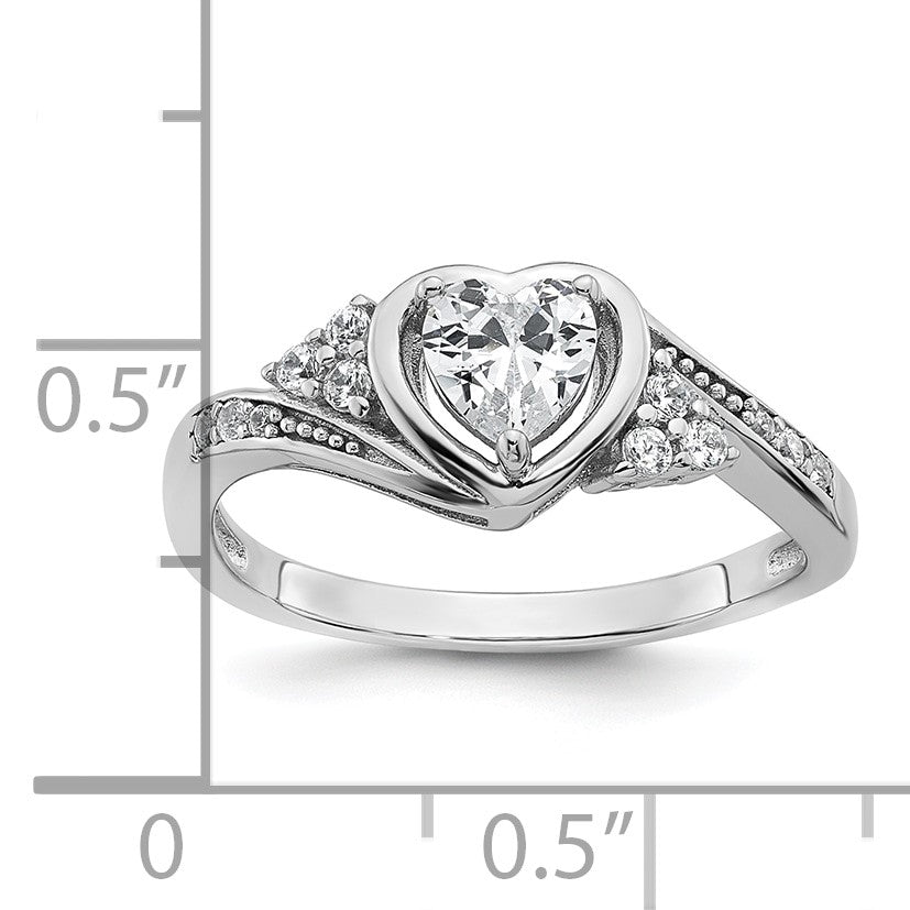 Sterling Silver Rhodium-plated Polished Fancy CZ Center Heart Size 7 Ring