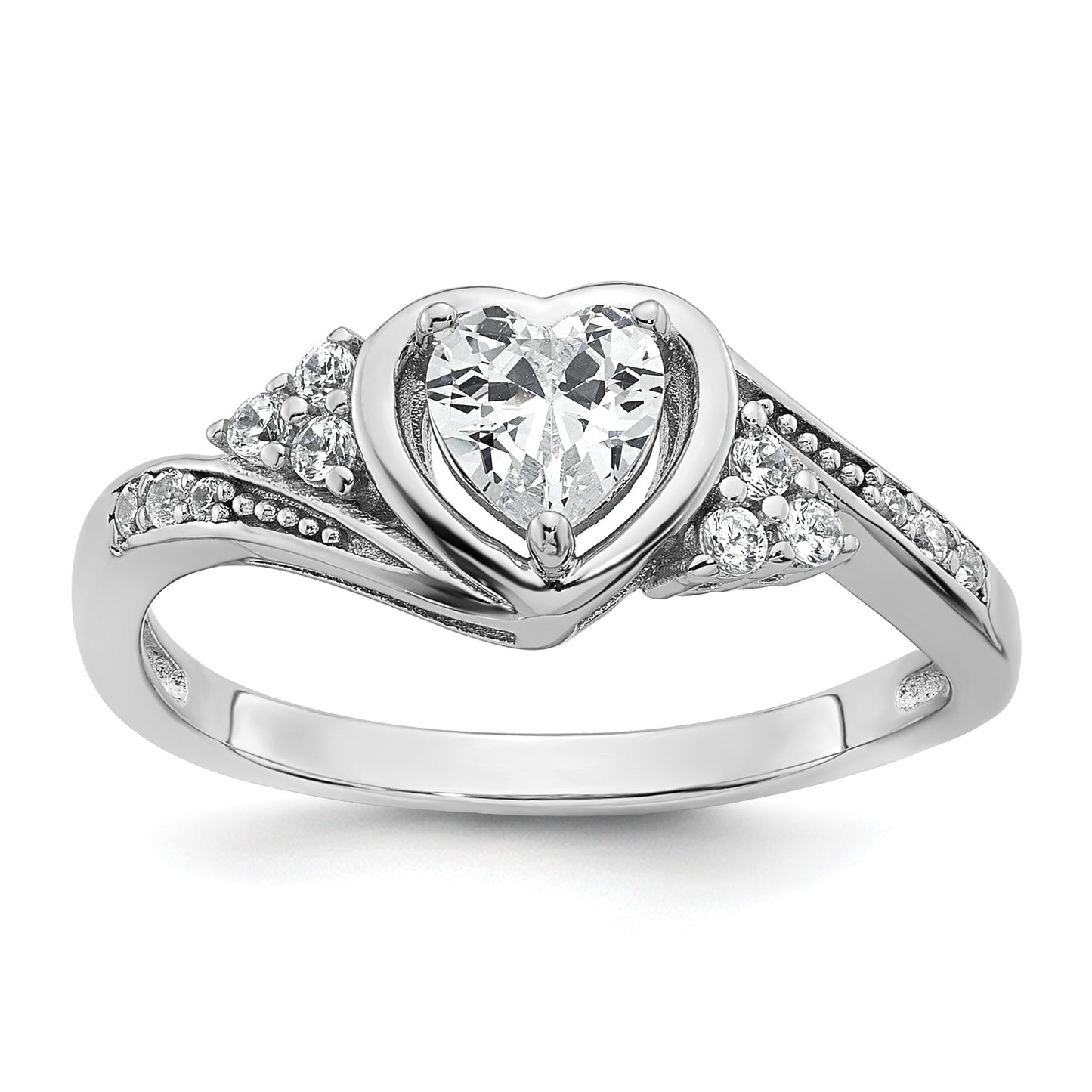 Sterling Silver Rhodium-plated Polished Fancy CZ Center Heart Size 7 Ring