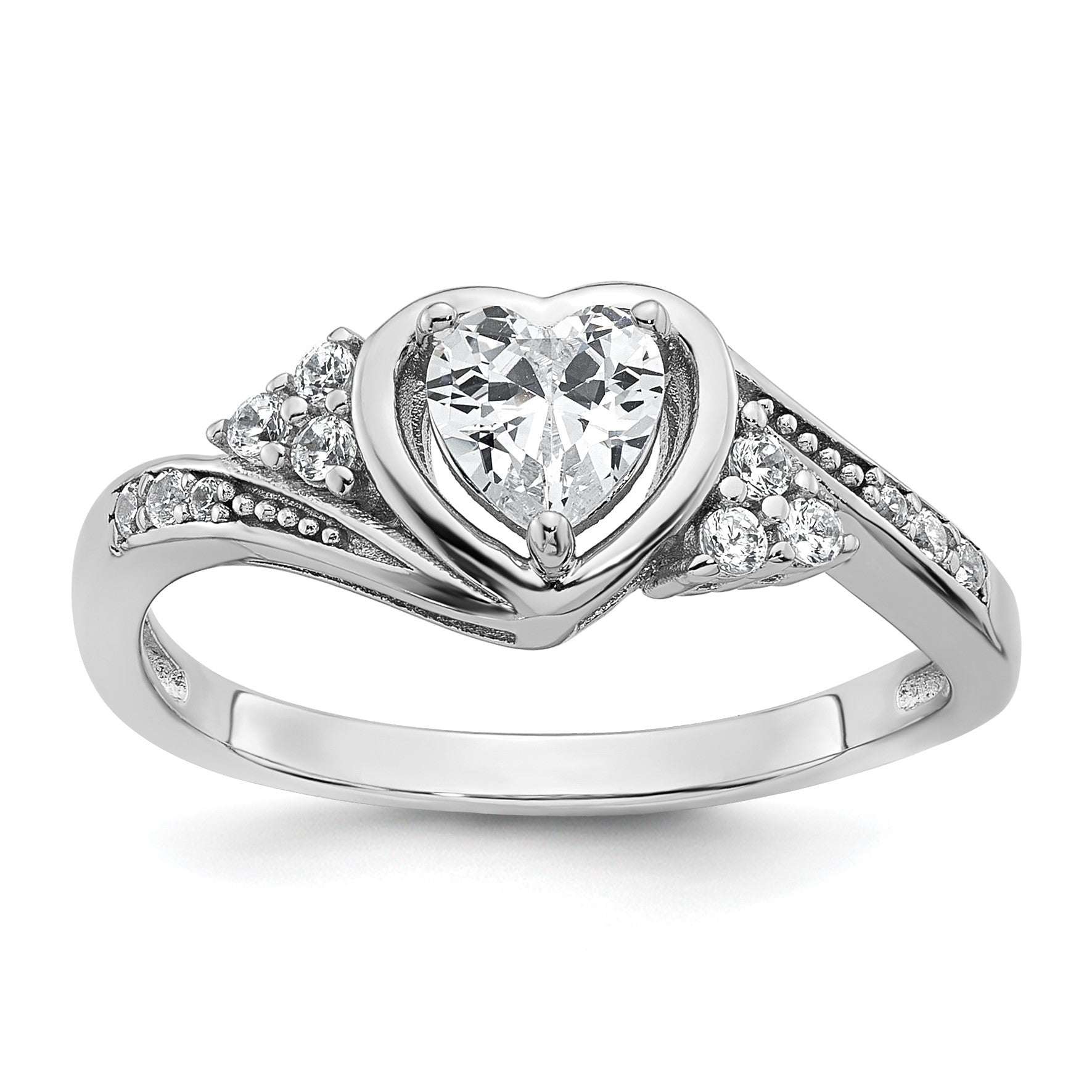 Sterling Silver Rhodium-plated Polished Fancy CZ Center Heart Size 7 Ring
