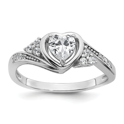Sterling Silver Rhodium-plated Polished Fancy CZ Center Heart Size 7 Ring