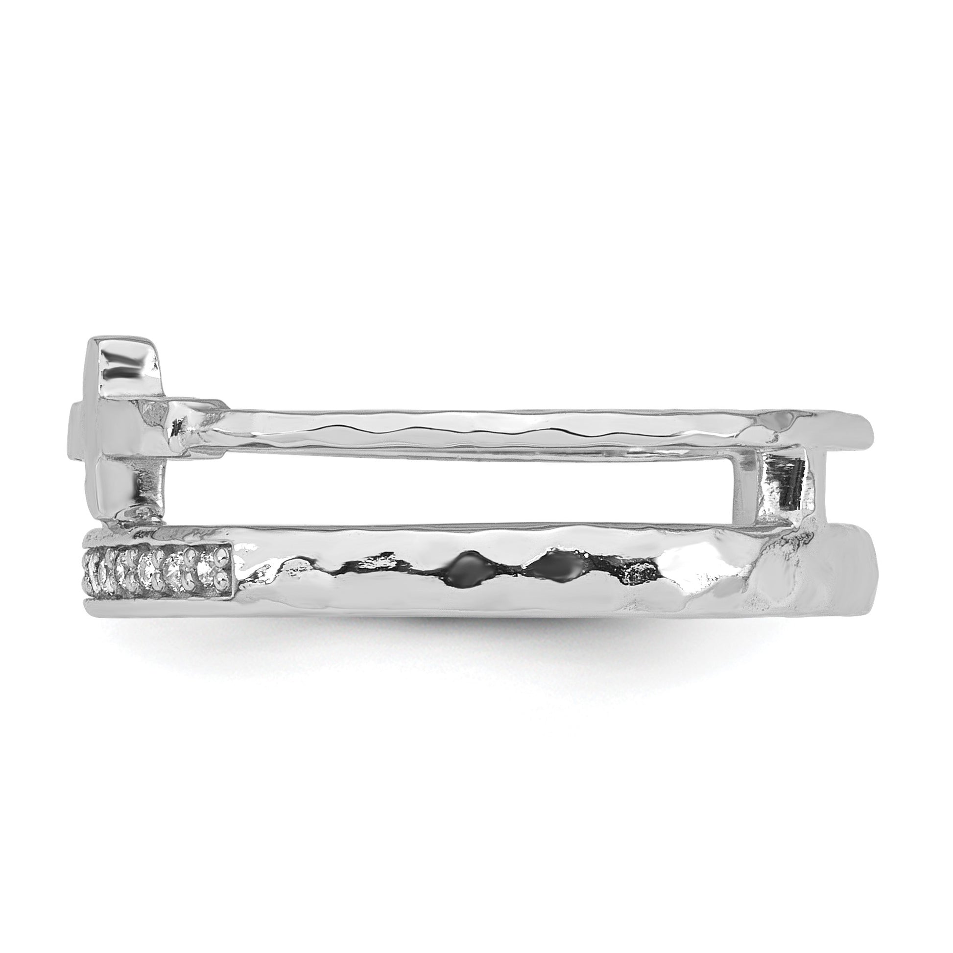 Sterling Silver Rhodium-plated Polished CZ and Hammered Cross Double Band Size 6 Ring