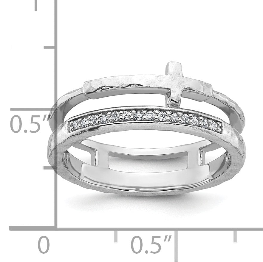 Sterling Silver Rhodium-plated Polished CZ and Hammered Cross Double Band Size 6 Ring