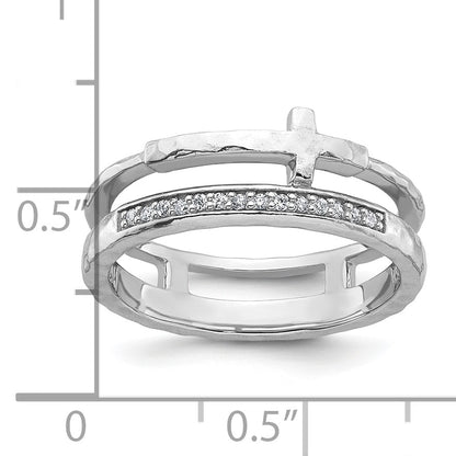 Sterling Silver Rhodium-plated Polished CZ and Hammered Cross Double Band Size 6 Ring