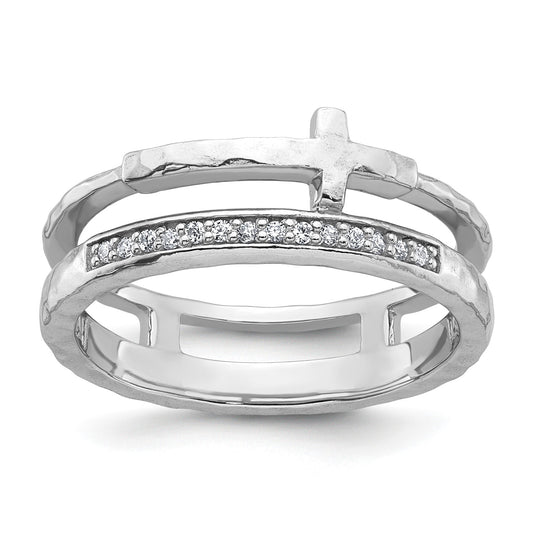 Sterling Silver Rhodium-plated Polished CZ and Hammered Cross Double Band Size 7 Ring