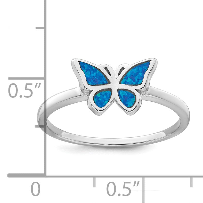 Sterling Silver Rhodium-plated Polished Blue Lab Created Opal Butterfly Size 7 Ring