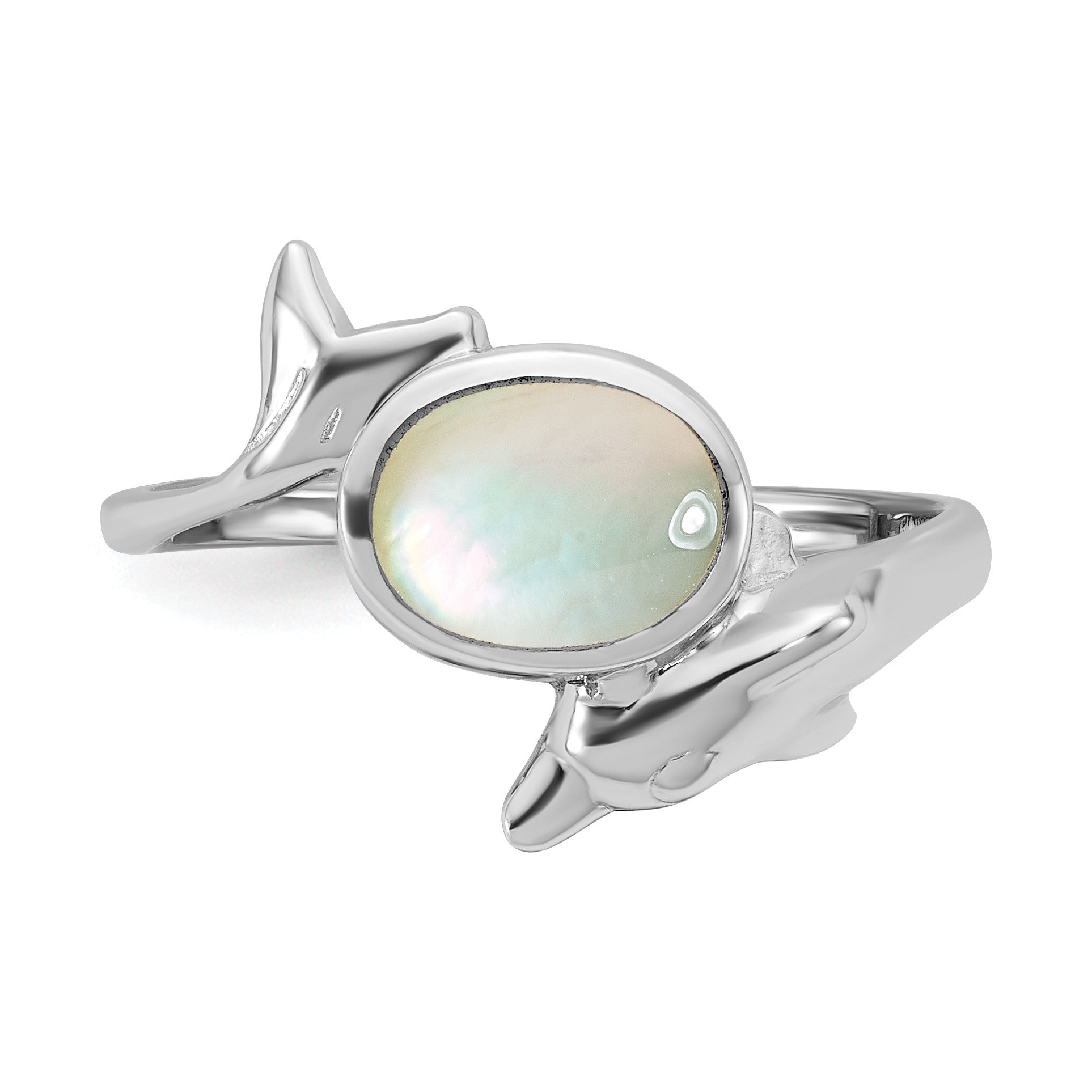 Sterling Silver Rhodium-plated Polished Oval Mother of Pearl and Dolphin Size 6 Ring