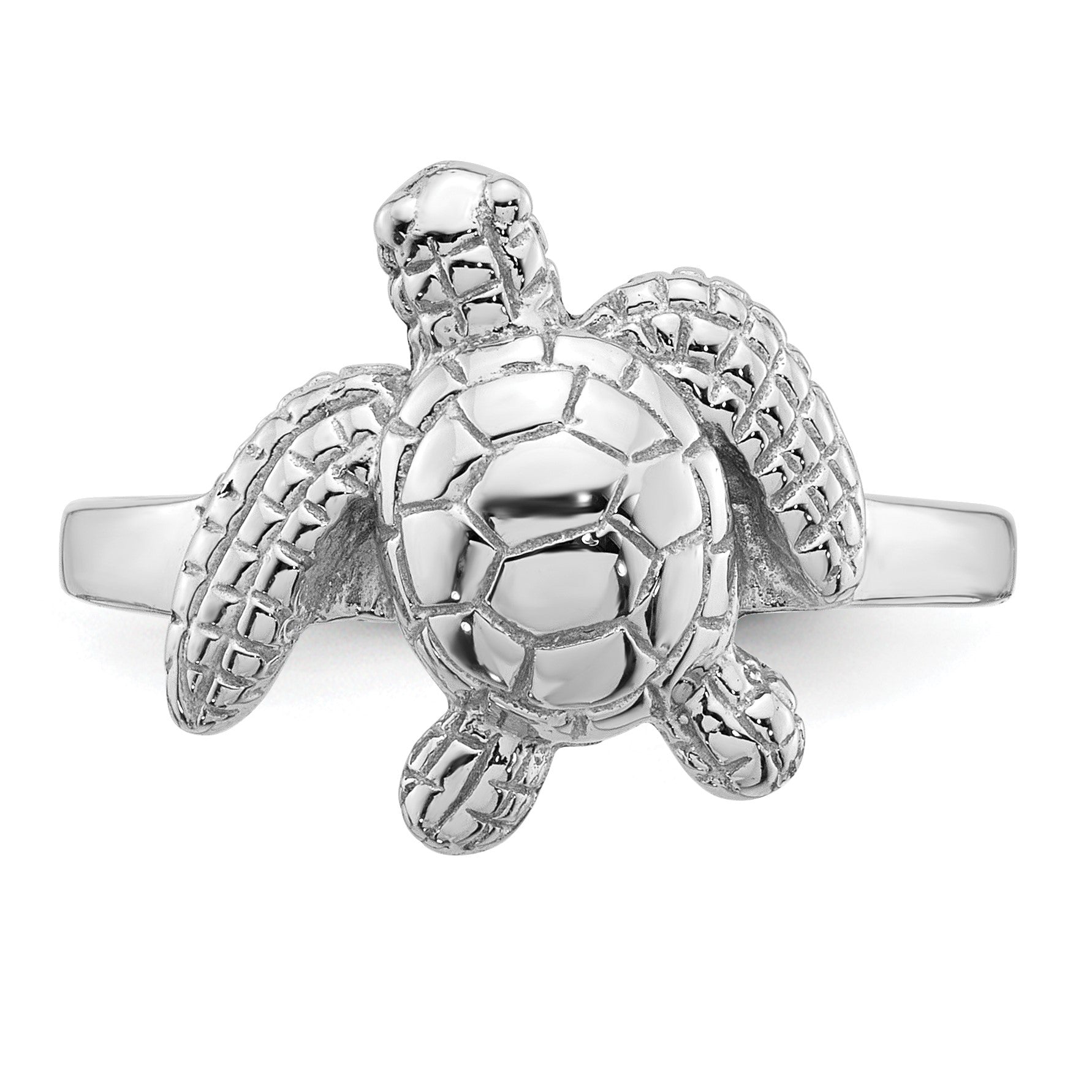 Sterling Silver Rhodium-plated Polished and Textured Sea Turtle Size 6 Ring