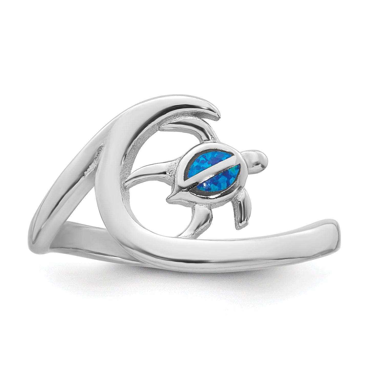 Sterling Silver Rhodium-plated Polished Blue Lab Created Opal Turtle on Wave Size 7 Ring