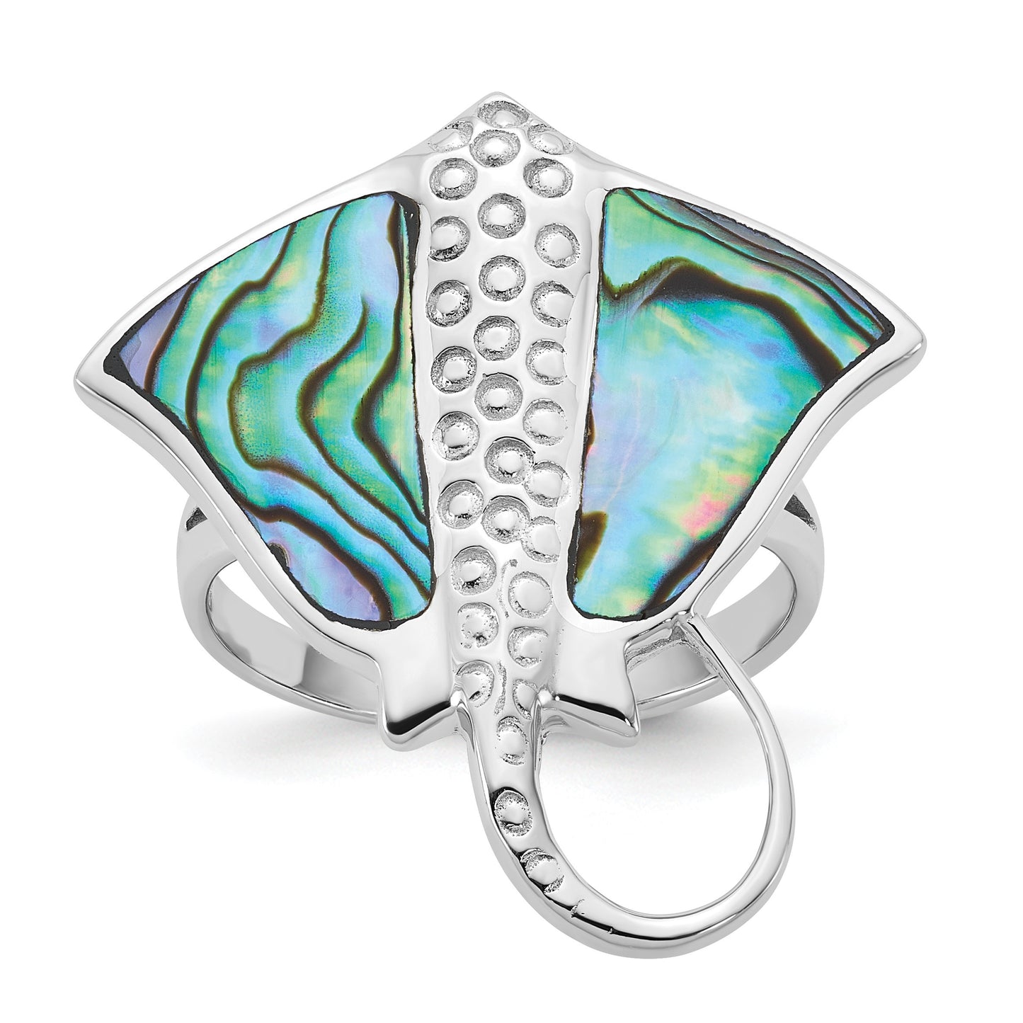 Sterling Silver Rhodium-plated Polished and Textured Abalone Stingray Size 6 Ring