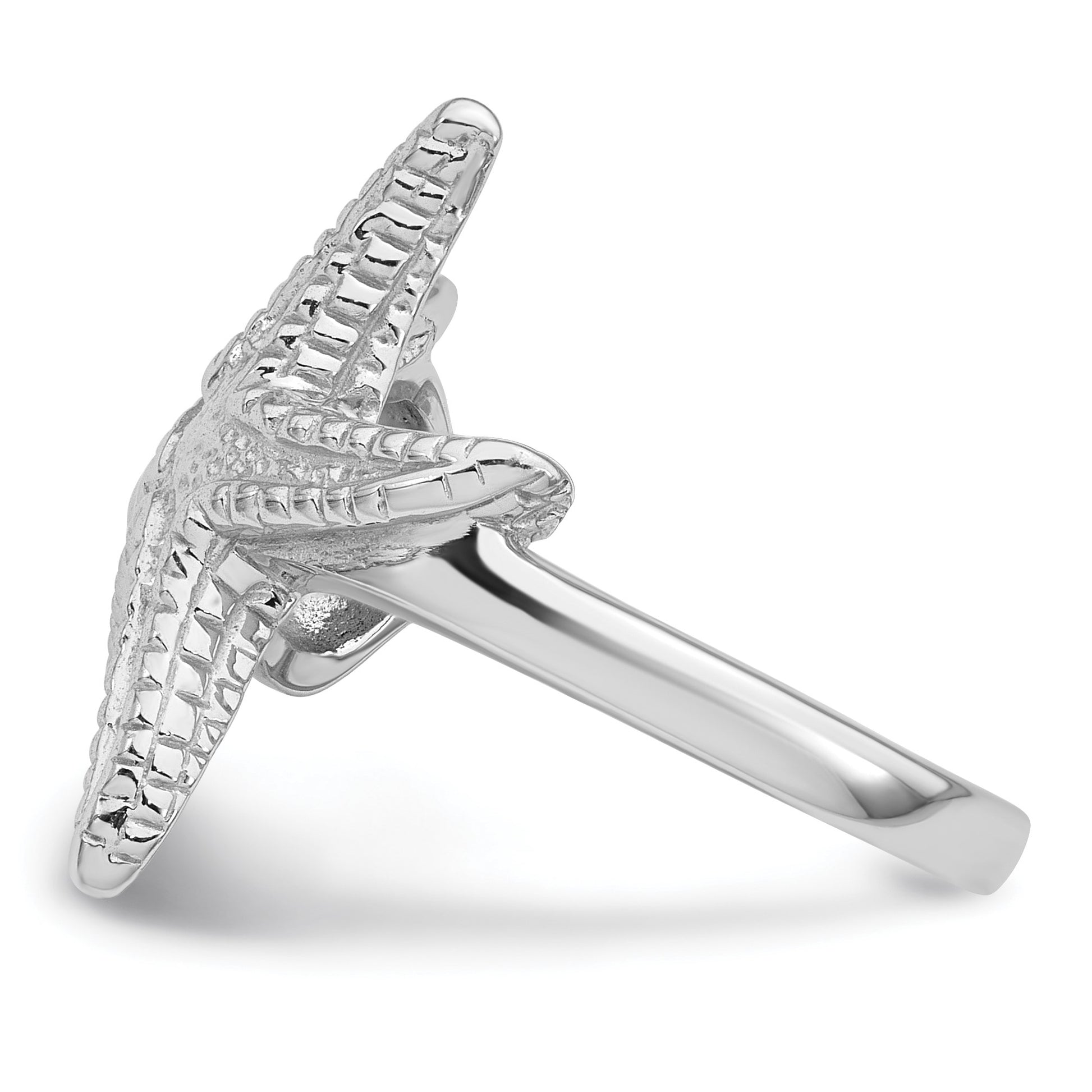 Sterling Silver Rhodium-plated Polished and Textured Sea Shell with Starfish Size 7 Ring
