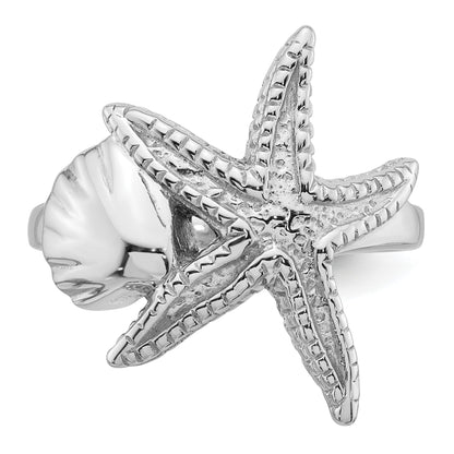 Sterling Silver Rhodium-plated Polished and Textured Sea Shell with Starfish Size 6 Ring