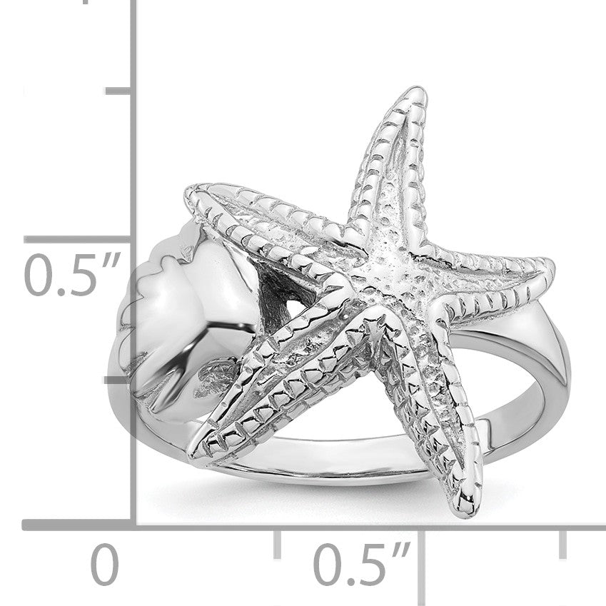 Sterling Silver Rhodium-plated Polished and Textured Sea Shell with Starfish Size 6 Ring