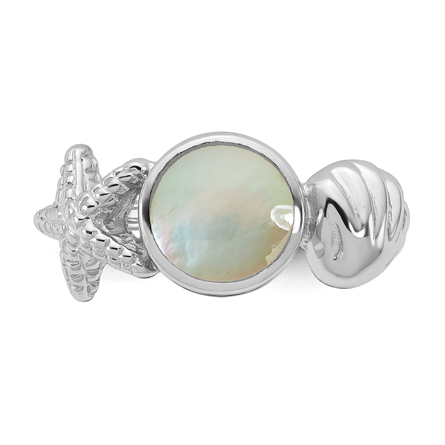 Sterling Silver Rhodium-plated Polished Oval Mother of Pearl and Sea Shell with Starfish Size 6 Ring