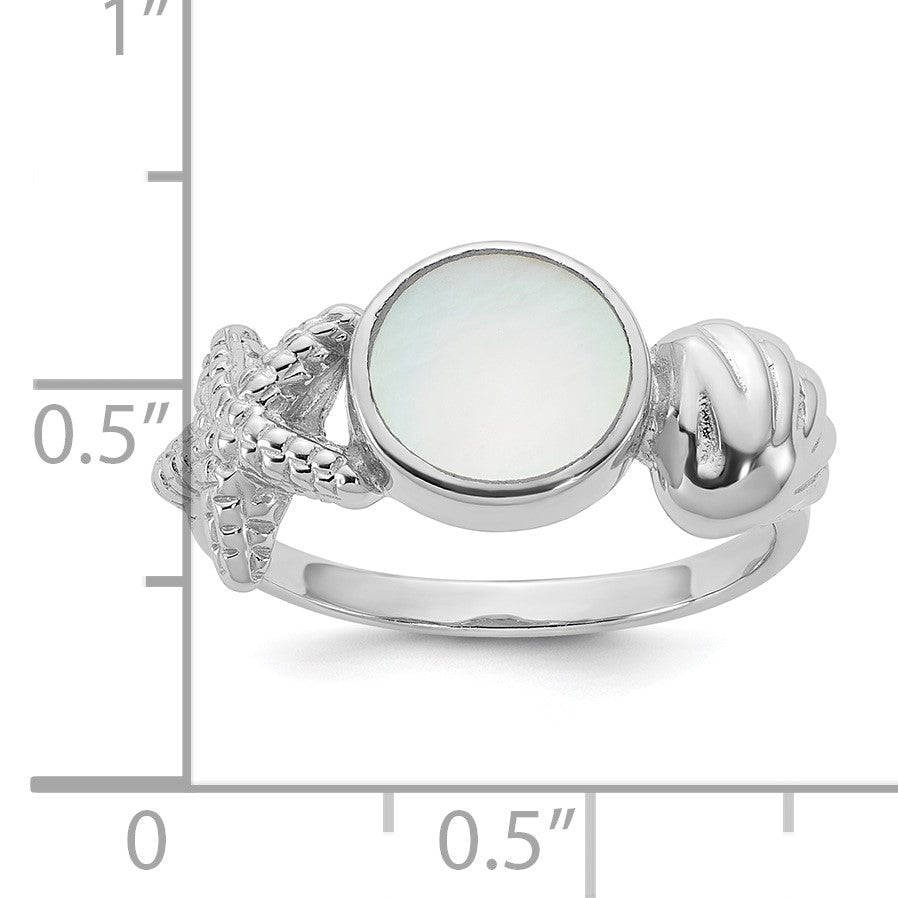Sterling Silver Rhodium-plated Polished Oval Mother of Pearl and Sea Shell with Starfish Size 6 Ring