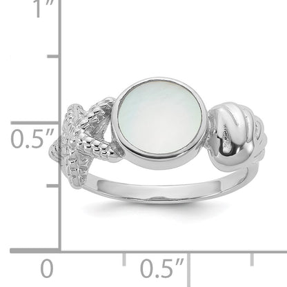 Sterling Silver Rhodium-plated Polished Oval Mother of Pearl and Sea Shell with Starfish Size 8 Ring