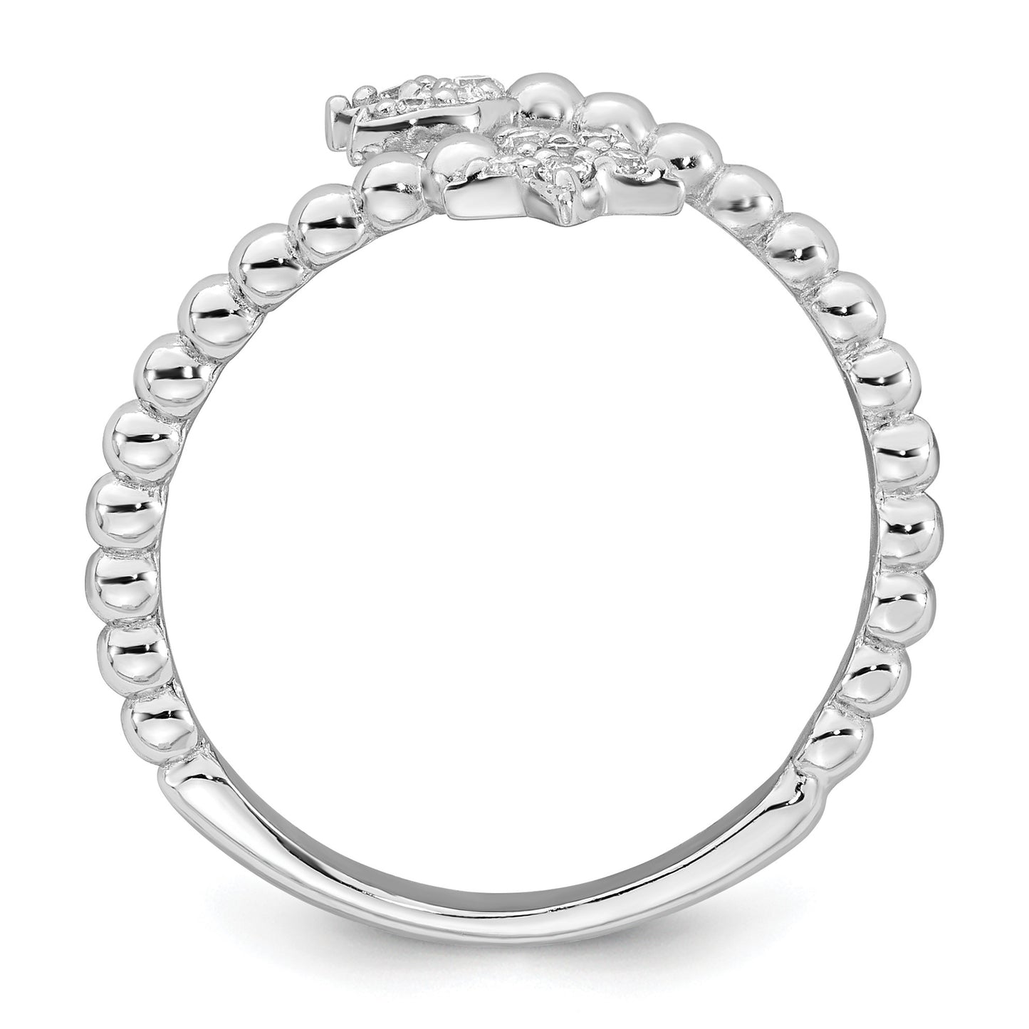 Sterling Silver Rhodium-plated Polished and Beaded Adjustable CZ Moon and Star Size 7 Ring