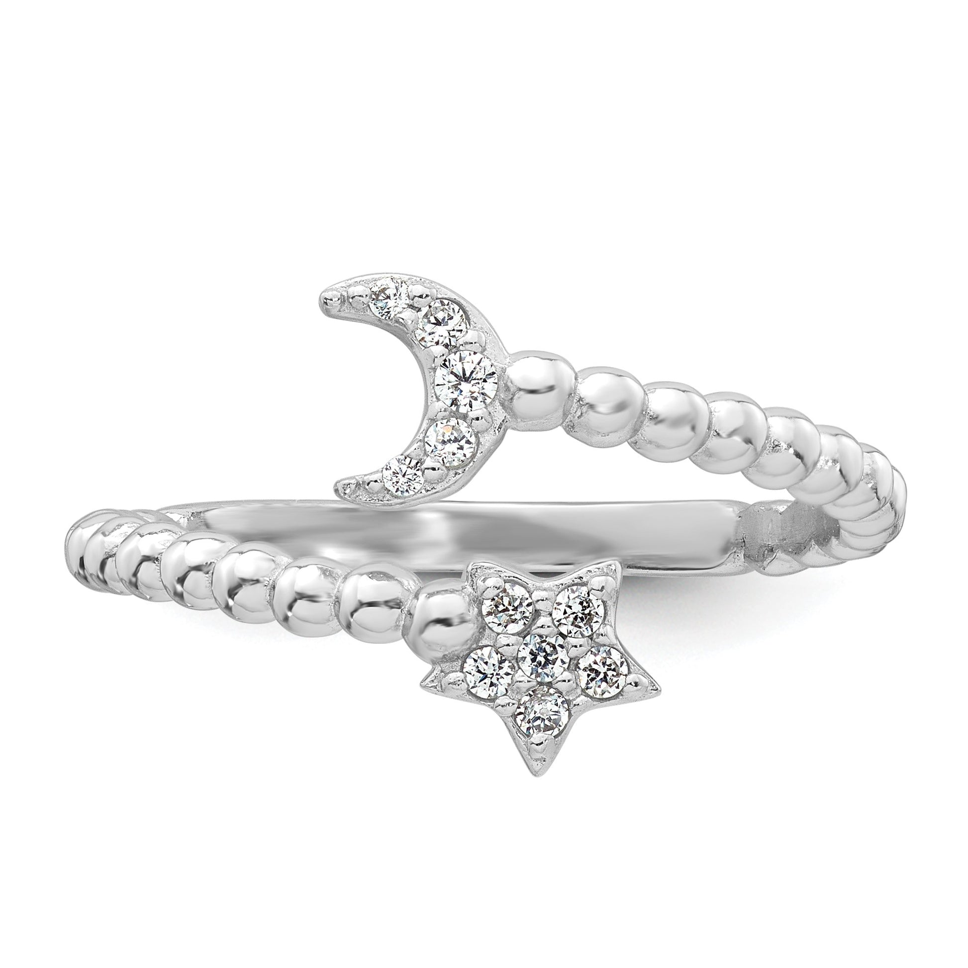 Sterling Silver Rhodium-plated Polished and Beaded Adjustable CZ Moon and Star Size 7 Ring