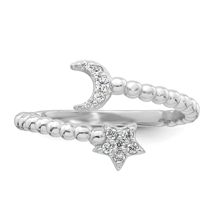 Sterling Silver Rhodium-plated Polished and Beaded Adjustable CZ Moon and Star Size 7 Ring