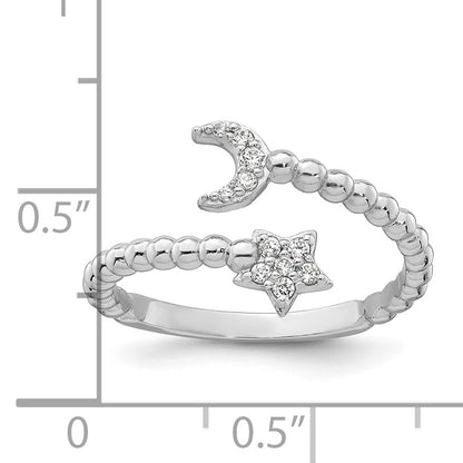 Sterling Silver Rhodium-plated Polished and Beaded Adjustable CZ Moon and Star Size 7 Ring