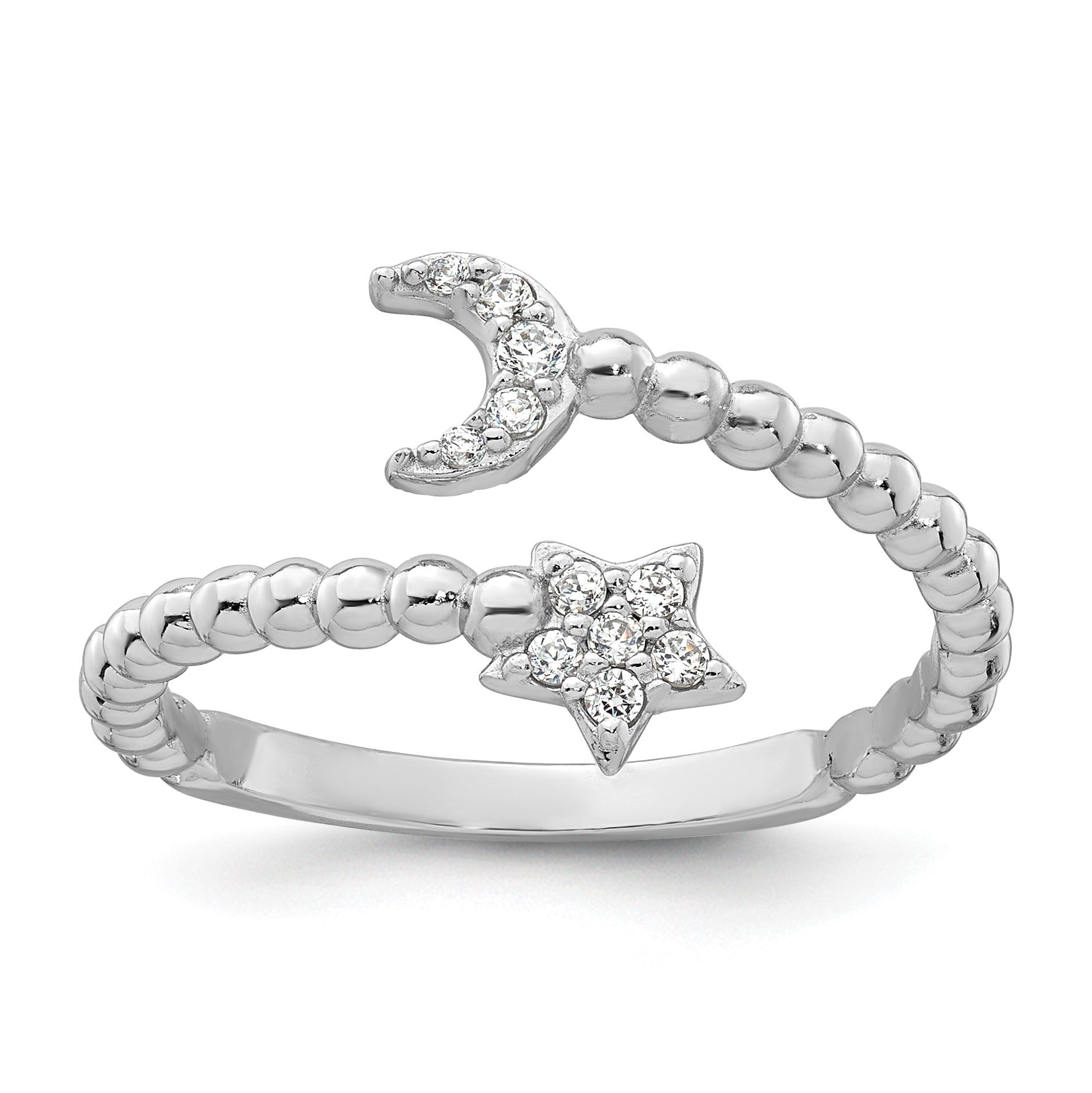 Sterling Silver Rhodium-plated Polished and Beaded Adjustable CZ Moon and Star Size 7 Ring
