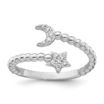 Sterling Silver Rhodium-plated Polished and Beaded Adjustable CZ Moon and Star Size 7 Ring