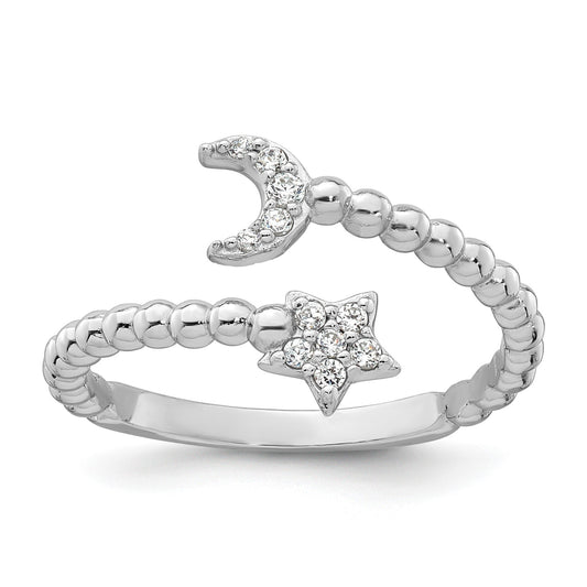 Sterling Silver Rhodium-plated Polished and Beaded Adjustable CZ Moon and Star Size 7 Ring