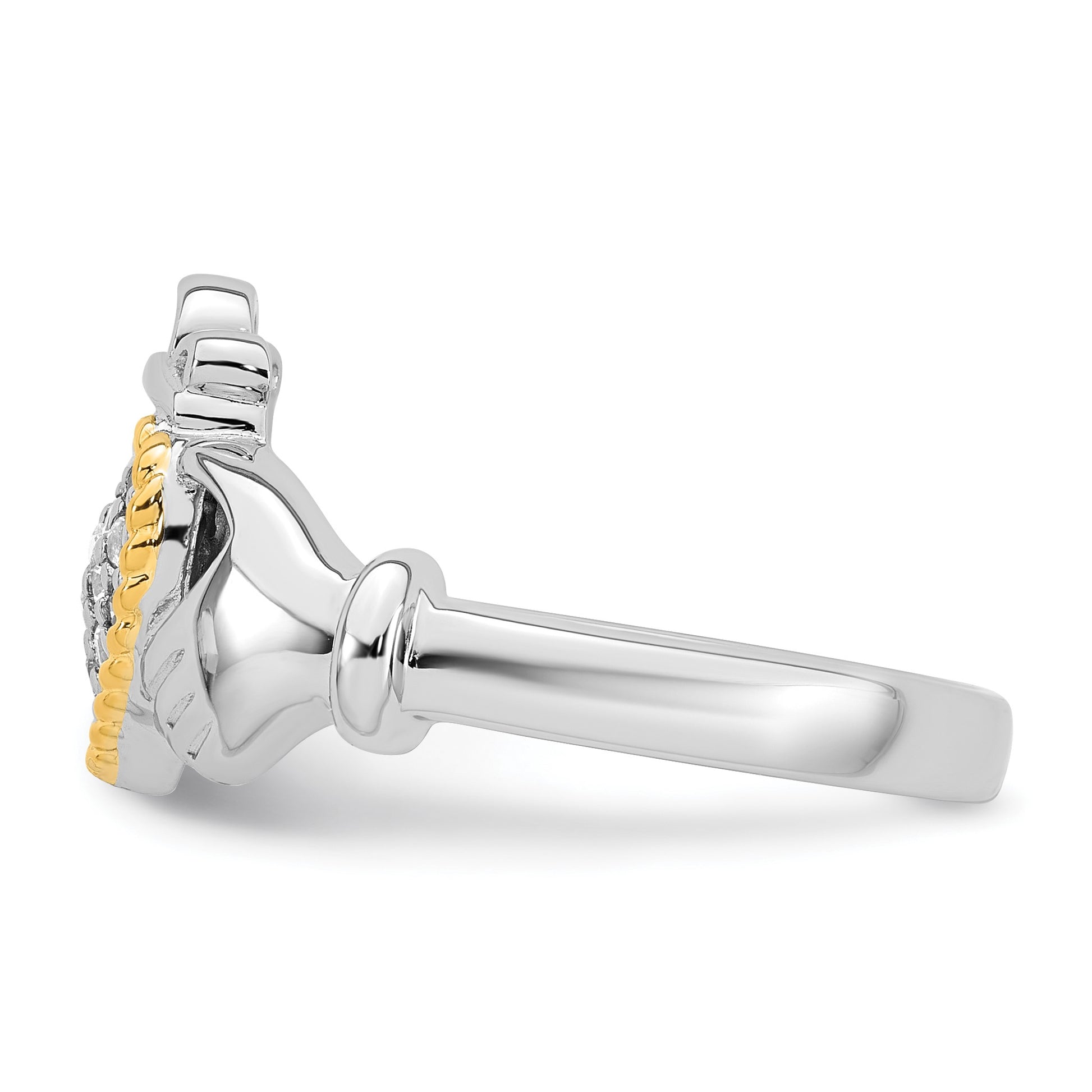 Sterling Silver Rhodium-plated with 14k Accent Polished CZ Size 8 Claddagh Ring