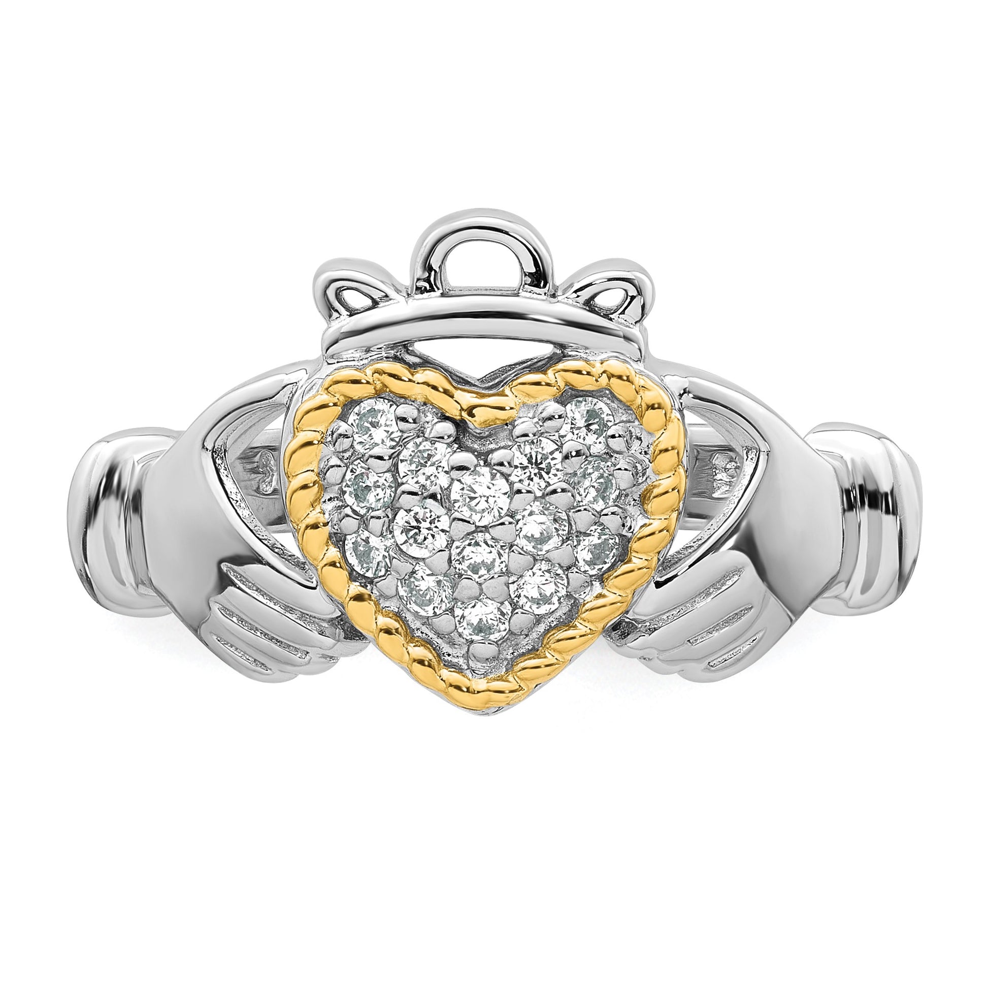 Sterling Silver Rhodium-plated with 14k Accent Polished CZ Size 8 Claddagh Ring