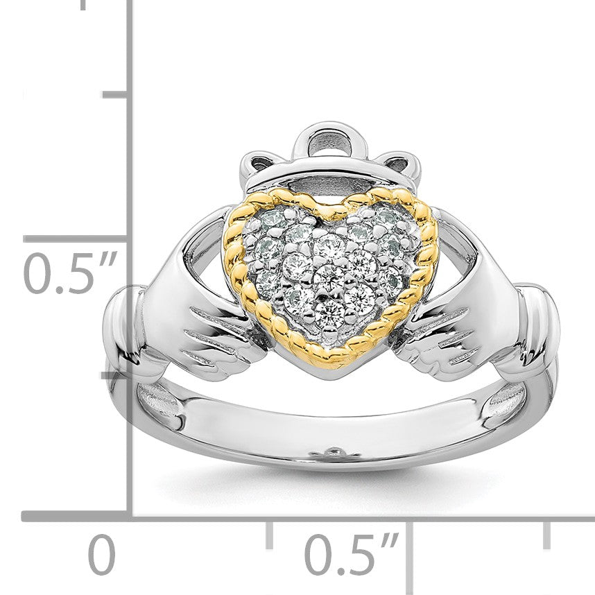 Sterling Silver Rhodium-plated with 14k Accent Polished CZ Size 8 Claddagh Ring