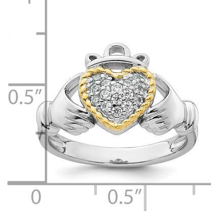 Sterling Silver Rhodium-plated with 14k Accent Polished CZ Size 8 Claddagh Ring