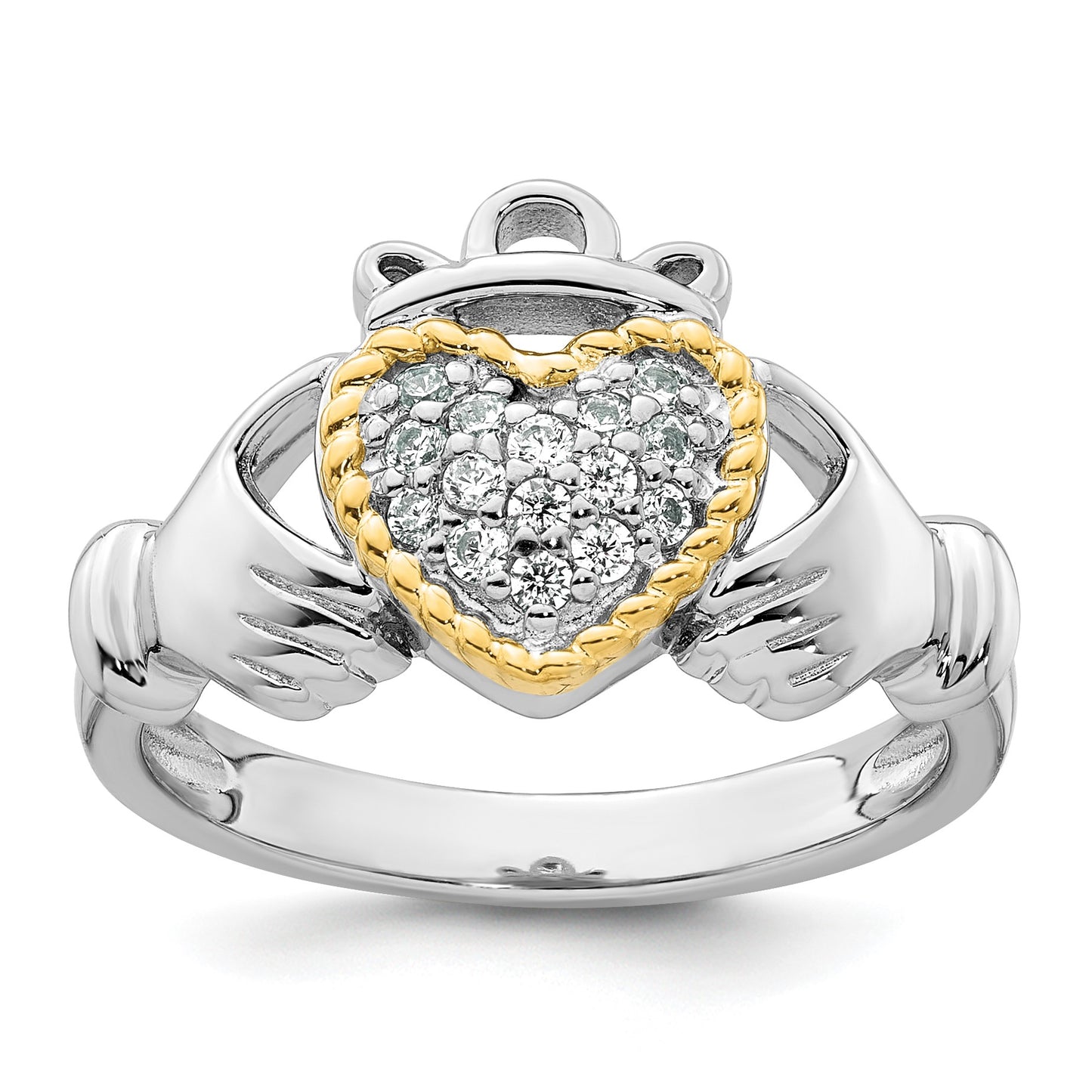 Sterling Silver Rhodium-plated with 14k Accent Polished CZ Size 8 Claddagh Ring