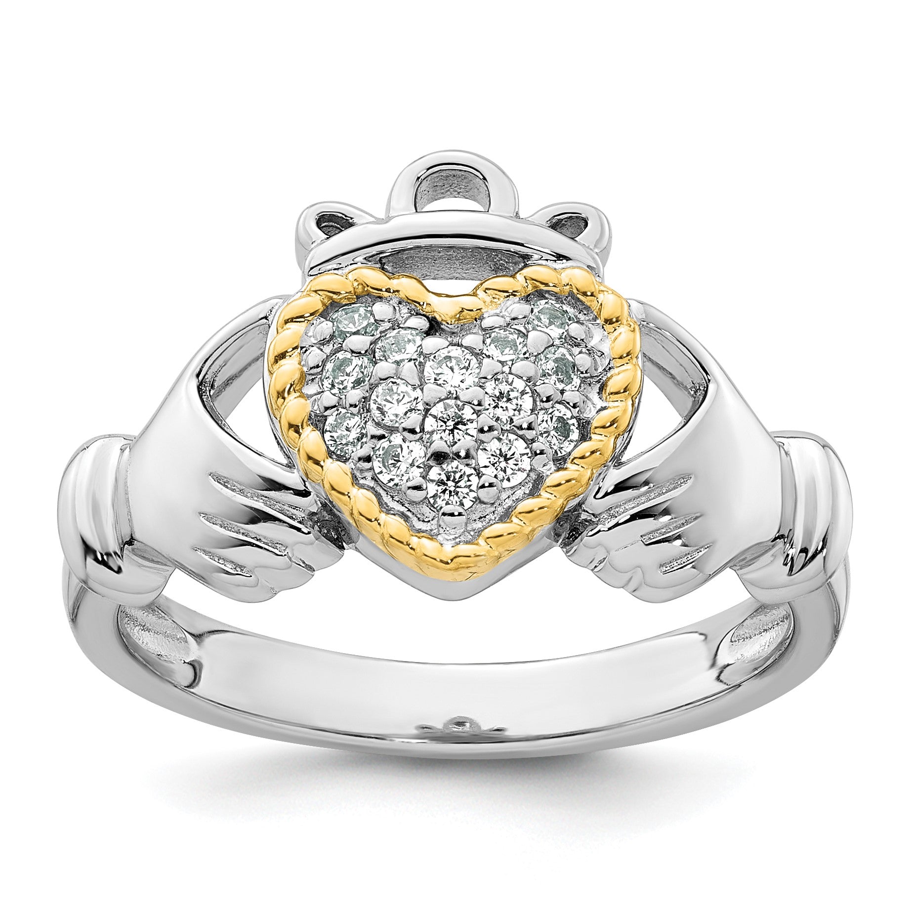 Sterling Silver Rhodium-plated with 14k Accent Polished CZ Size 8 Claddagh Ring