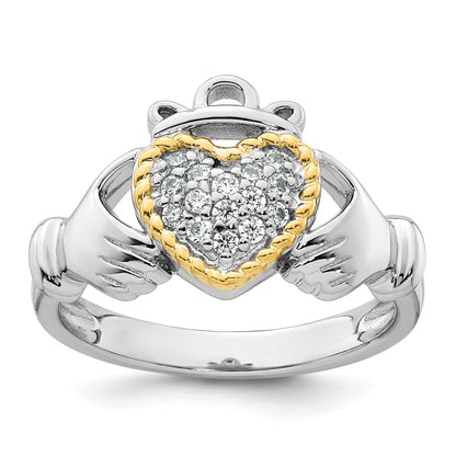 Sterling Silver Rhodium-plated with 14k Accent Polished CZ Size 8 Claddagh Ring