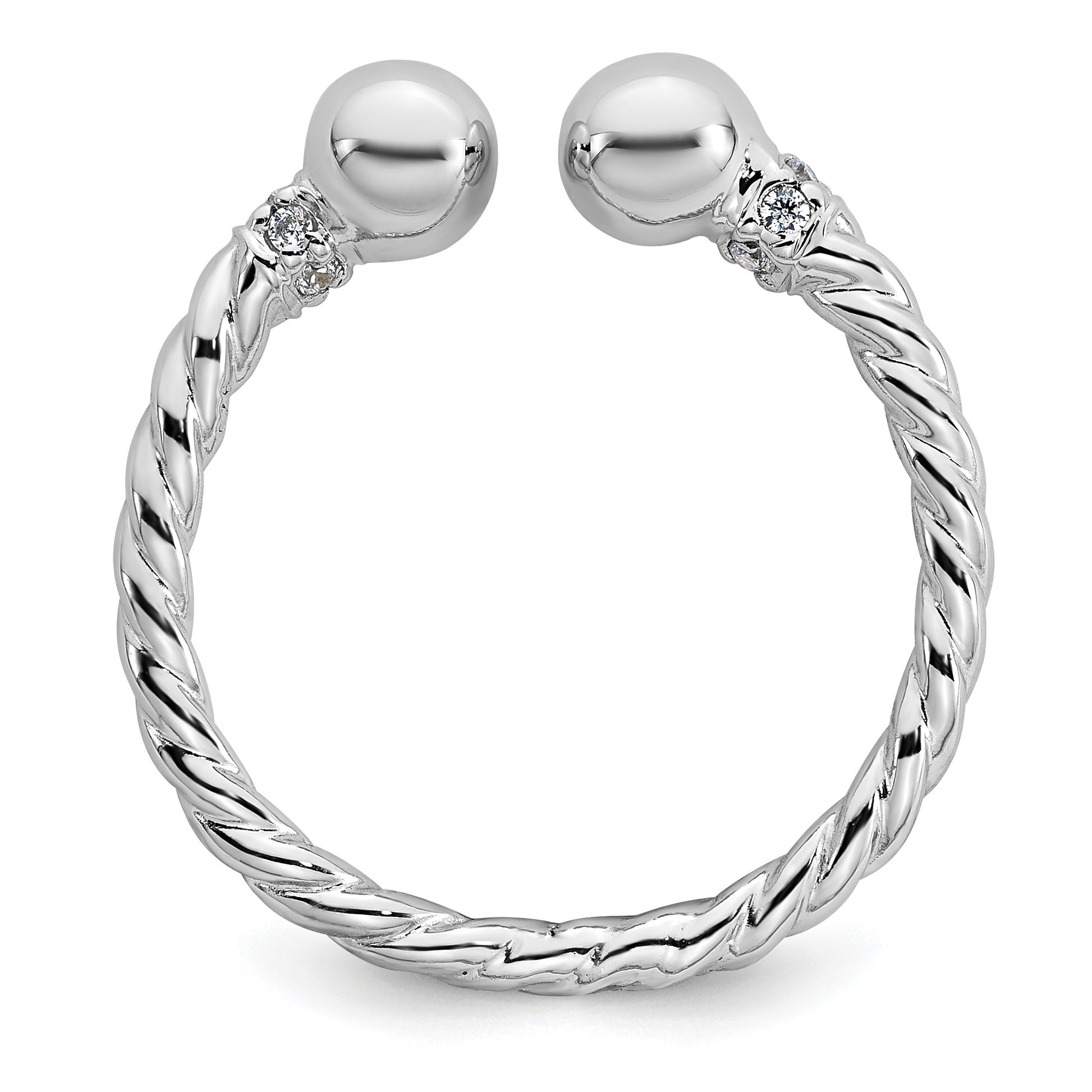 Sterling Silver Rhodium-plated Polished and Twisted CZ Ball End Size 8 Ring