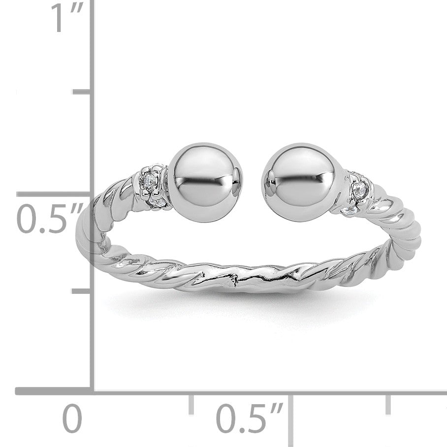 Sterling Silver Rhodium-plated Polished and Twisted CZ Ball End Size 6 Ring