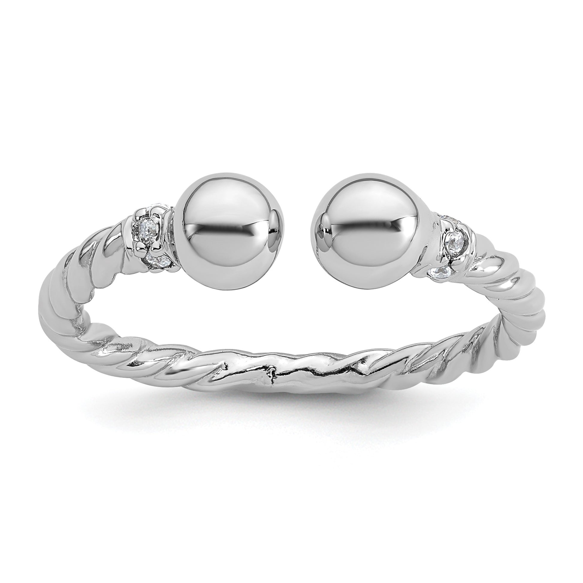Sterling Silver Rhodium-plated Polished and Twisted CZ Ball End Size 8 Ring