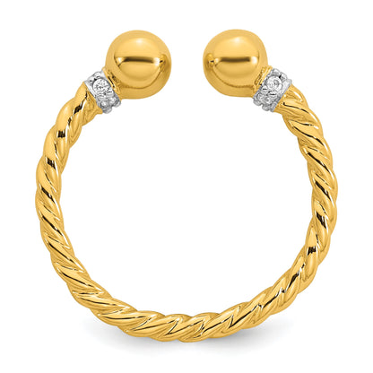 Sterling Silver Gold-plated Polished and Twisted CZ Ball End Size 7 Ring
