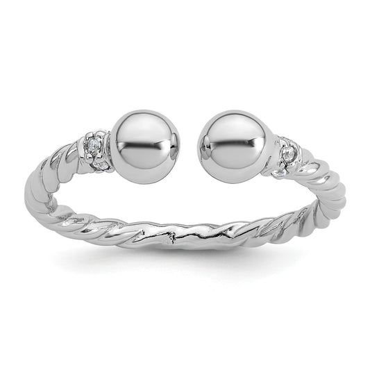 Sterling Silver Rhodium-plated Polished and Twisted CZ Ball End Size 7 Ring